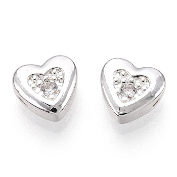 Brass Micro Pave Cubic Zirconia Beads, Heart, 925 Sterling Silver Plated, 7x8x3.5mm, Hole: 0.9mm