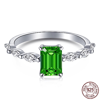 Rhodium Plated 925 Sterling Silver Finger Rings, Birthstone Ring, with 5A Cubic Zirconia Rectangle for Women, Real Platinum Plated, Green, 1.7mm, US Size 7(17.3mm)