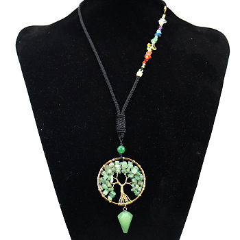 Natural Green Aventurine Chips Tree of Life Pendant Necklace, Brass Wire Wrap Necklace with Polyester Ropes, 25.98 inch(66cm)