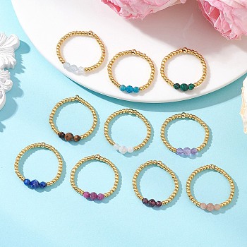 Adjustable Natural Gemstone Finger Rings, with Glass Beads, Stretch Rings, Mixed Color, 18mm