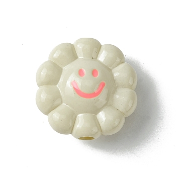 Dopamine Style Opaque Acrylic Beads, Flower with Smiling, White, 23.5x24x11.5mm, Hole: 3.5mm