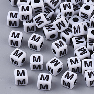 White Opaque Acrylic Beads, Horizontal Hole, Cube with Black Alphabet, Letter.M, 4~5x4~5x4~5mm, Hole: 1.8mm, about 6470~6500pcs/500g(MACR-R869-02M)