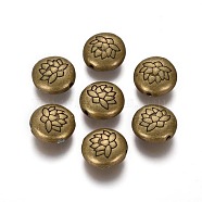 Tibetan Style Alloy Beads, Flat Round with Lotus, Cadmium Free & Nickel Free & Lead Free, Antique Bronze, 14x6.5mm, Hole: 1mm, about 240pcs/1000g(TIBEB-Q067-08AB-NR)