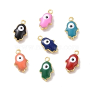 Brass Enamel Pendants, Real 18K Gold Plated, Hamsa Hand/Hand of Miriam with Evil Eye, Mixed Color, 10x6x3mm, Hole: 1mm(KK-J302-04G)