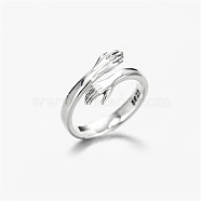 SHEGRACE Adjustable 925 Sterling Silver Couple Rings for Woman, Cuff Rings, Open Rings, for Valentine's Day, Carved with 925, Arms To Hug, Platinum, Size 4, Inner Diameter: 13mm(JR828A-01)