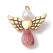 Resin Imitation Pearl Pendants, Rose Angel Charms with Antique Golden Plated Alloy Heart Wings, Indian Red, 23.5~24x22x6.5mm, Hole: 1.8~2.2mm(PALLOY-JF02565-06)