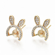 Brass Micro Pave Clear Cubic Zirconia Stud Earring Findings, for Half Drilled Bead, Nickel Free, Rabbit Ear Shape, Real 18K Gold Plated, 13x11mm, Pin: 0.7mm, Pin: 0.7mm(for Half Drilled Bead).(KK-T062-56G-NF)