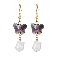 Butterfly Transparent Glass with Natural White Jade Dangle Earrings, Purple, 53x15mm(EJEW-JE05804-01)