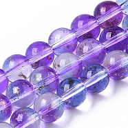 Transparent Spray Painted Glass Bead Strands, with Golden Foil, Round, Blue Violet, 8~9mm, Hole: 1.2~1.5mm, about 46~56pcs/Strand, 14.37 inch~16.3 inch(36.5~41.4cm)(X-GLAA-N035-03C-B03)