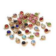 304 Stainless Steel Charms, with Acrylic Rhinestone, Birthstone Charms, Faceted, Flat Round, Golden, Mixed Color, 8.2x6x3.5mm, Hole: 1.2mm(STAS-I165-04C-G)