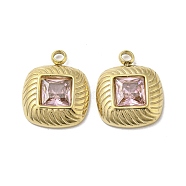 304 Stainless Steel Charms, with Pink Glass, Square, Real 14K Gold Plated, 14.5x12x3mm, Hole: 1.2mm(STAS-L022-061G-02)