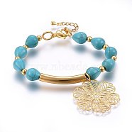 Synthetic Turquoise Stretch Charms Bracelets, with 304 Stainless Steel Findings, Tube and Flower, Golden, 6-3/4 inch(17cm), Pendant: 34x27x0.5mm(BJEW-O168-11G)
