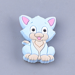 Food Grade Eco-Friendly Silicone Focal Beads, Kitten, Chewing Beads For Teethers, DIY Nursing Necklaces Making, Cat, Light Blue, 29.5x22x8mm, Hole: 2mm(SIL-T052-02B)