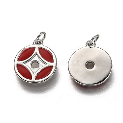 Brass Enamel Charms, Long-Lasting Plated, with Jump Ring, Copper Coin Shape, Red, Platinum, 13x11x1.2mm, Hole: 2.7mm(KK-B026-21P)