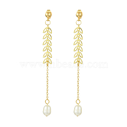 Natural Cultured Freshwater Pearl Beads & Brass Dangle Stud Earrings for Women, Leaf, Real 18K Gold Plated, 70x5.5mm(EJEW-TA00555)