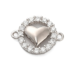 925 Sterling Silver Micro Pave Cubic Zirconia Connector Charms, Ring with Heart Charms, Rhodium Plated, Platinum, 10x13.5x2.5mm, Hole: 1mm(STER-U009-03P-04)