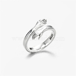 SHEGRACE Adjustable Rhodium Plated 925 Sterling Silver Couple Rings for Woman, Cuff Rings, Open Rings, for Valentine's Day, with 925 Stamp, Arms To Hug, Platinum, Size 4, Inner Diameter: 13mm(JR828A-01)