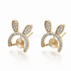 Brass Micro Pave Clear Cubic Zirconia Stud Earring Findings, for Half Drilled Bead, Nickel Free, Rabbit Ear Shape, Real 18K Gold Plated, 13x11mm, Pin: 0.7mm, Pin: 0.7mm(for Half Drilled Bead).(KK-T062-56G-NF)