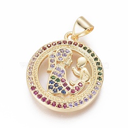 Brass Micro Pave Cubic Zirconia Pendants, for Mother's Day, Flat Round with Mother and Baby, Colorful, Golden, 21.5x19x3mm, Hole: 4x3mm(ZIRC-L083-014G)