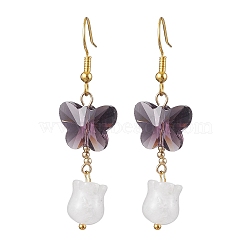Butterfly Transparent Glass with Natural White Jade Dangle Earrings, Purple, 53x15mm(EJEW-JE05804-01)