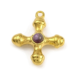 Natural Amethyst & 304 Stainless Steel Cross Pendants, Golden, 23x20x6mm, Hole: 1.6mm(STAS-H221-01G-07)