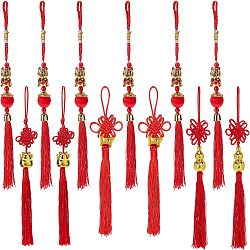 SUPERFINDINGS 12Pcs 4 Styles Polyester Tassel Pendant Decorations, with Plastic Beads, for New Year, Chinese Knot, Red, 235~335mm(HJEW-FH0001-12)