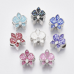 Brass Cubic Zirconia European Beads, with Epoxy Resin and Shell, Large Hole Beads, Flower, Platinum, Mixed Color, 13x12x10mm, Hole: 5mm(ZIRC-N038-04)