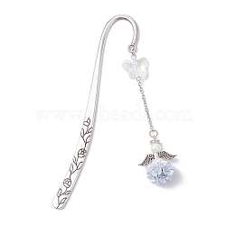 Tibetan Silver Alloy Hook Bookmark, Flower Resin & Glass Beads Bookmark, Antique Silver & Platinum, 118x22x2.5mm(AJEW-JK00401-01)