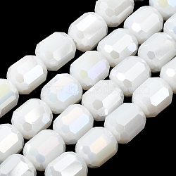 Electroplate Opaque Column Glass Beads Strands, Faceted, AB Color Plated, White, 9x7.5~8mm, Hole: 47.3mm, about 60pcs/strand, 21.26''(54cm)(EGLA-A043-02-AB03)