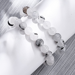 Natural Tourmalinated Quartz Round Beaded Stretch Bracelets for Men Women, Inner Diameter: 2-1/4 inch(5.7cm)(BJEW-G743-01C)