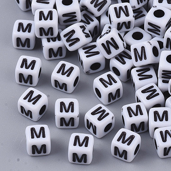 White Opaque Acrylic Beads, Horizontal Hole, Cube with Black Alphabet, Letter.M, 4~5x4~5x4~5mm, Hole: 1.8mm, about 6470~6500pcs/500g