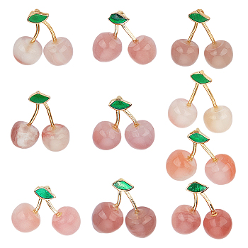 10Pcs Natural Agate Fruit Pendants, Cherry Charms with Metal Findings, Golden, 15x16.5x8mm, Hole: 2x1.5mm
