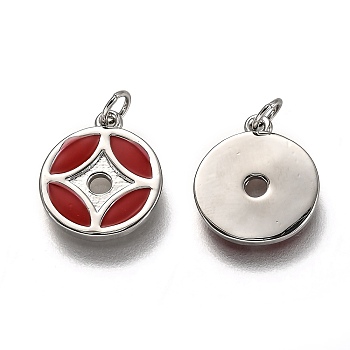 Brass Enamel Charms, Long-Lasting Plated, with Jump Ring, Copper Coin Shape, Red, Platinum, 13x11x1.2mm, Hole: 2.7mm
