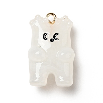 Cartoon Opaque Resin Pendants, Bear Charm, with Golden Tone Alloy Loops, White, 26.5x15.8x11mm, Hole: 1.8mm