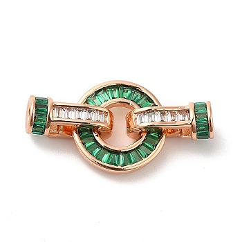 Rack Plating Brass Pave Cubic Zirconia Fold Over Clasps, Lead Free & Cadmium Free, Flat Round, Rose Gold, Green, 11.6x25mm
