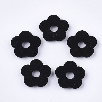 Flocky Acrylic Bead Frames, Flower, Black, 19x19.5x5mm, Hole: 1mm, Inner Diameter: 6mm