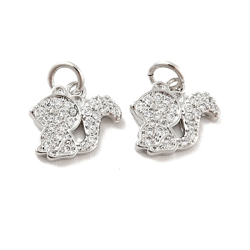 Squirrel Brass Micro Pave Clear Cubic Zirconia Charms, with Jump Ring, Cadmium Free & Lead Free, Platinum, 11x12x2mm, Hole: 3mm