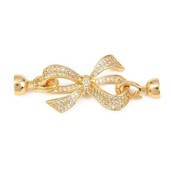 Brass Micro Pave Clear Cubic Zirconia Fold Over Clasps, Bowknot, Real 18K Gold Plated, 49.5mm