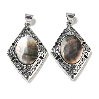 Natural Black Lip Shell Big Pendants, Antique Silver Plated Alloy Rhombus Charms, Coconut Brown, 52x33.5x8mm, Hole: 8x6.5mm