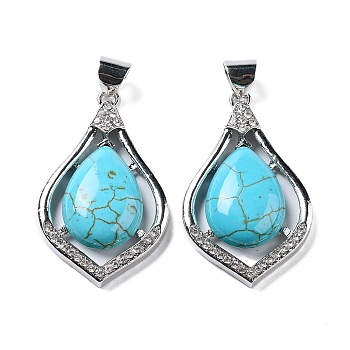 Synthetic Turquoise Teardrop Pendants, Platinum Tone Alloy Pave Crystal Rhinestone Drop Charms, 48.5x29x8mm, Hole: 5.8x6.6mm
