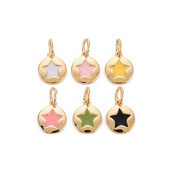 Brass Enamel Charms, Nickel Free, Flat Round with Star, Real 18K Gold Plated, 10x8x1mm, Hole: 3mm