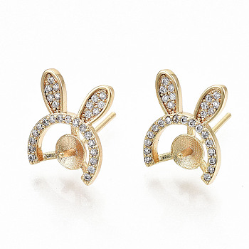 Brass Micro Pave Clear Cubic Zirconia Stud Earring Findings, for Half Drilled Bead, Nickel Free, Rabbit Ear Shape, Real 18K Gold Plated, 13x11mm, Pin: 0.7mm, Pin: 0.7mm(for Half Drilled Bead).