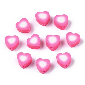 Handmade Polymer Clay Beads, Heart, Hot Pink, 9x9~10x4~5mm, Hole: 1.5mm