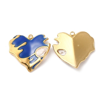 304 Stainless Steel Enamel Pendants, with Rhinestones, Real 18K Gold Plated, Heart Charm, Medium Blue, 19x20x2.5mm, Hole: 1.5mm
