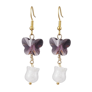 Butterfly Transparent Glass with Natural White Jade Dangle Earrings, Purple, 53x15mm