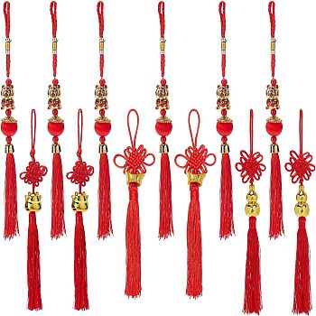 SUPERFINDINGS 12Pcs 4 Styles Polyester Tassel Pendant Decorations, with Plastic Beads, for New Year, Chinese Knot, Red, 235~335mm