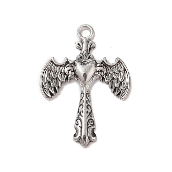 Alloy Enamel Pendants, Antique Silver, Sword with Wing Charm, Heart, 43.5x31x4mm, Hole: 3mm