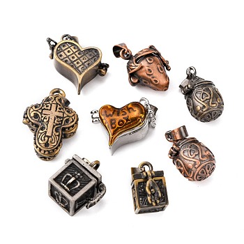 Brass Prayer Box Pendants, Mixed Shapes and Mixed Color, about 9~20mm wide, 14~28mm long, 10~20mm thick, hole: 1.5~5mm