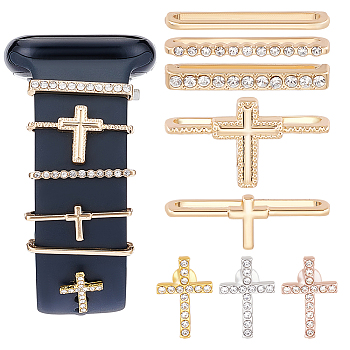 5Pcs 5 Style Cross Shape Zinc Alloy with Rhinestone Watch Band Studs and Watch Band Charms, for Watch Loops Accesssories, Mixed Color, 1.6~2.55x0.15~1.45x0.5~0.7cm, 1Pc/style