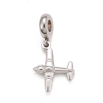 304 Stainless Steel European Dangle Charms, Large Hole Pendants, Airplane, Stainless Steel Color, 28.5mm, Hole: 4mm, Airplane: 19x15x4mm